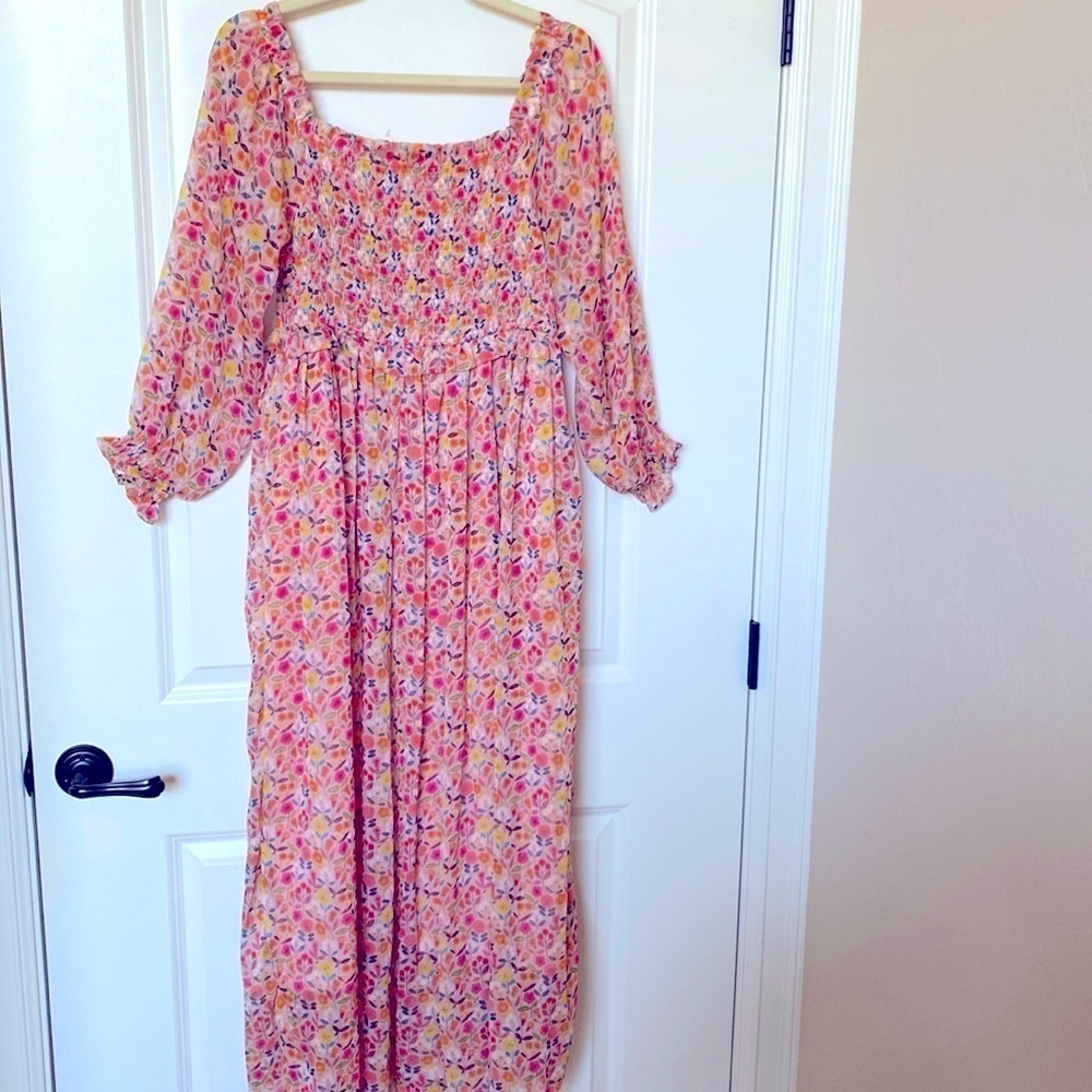 Lili Sidonio Smocked Maxi dress Womens L Ditzy Floral sheer peasant puff sleeve